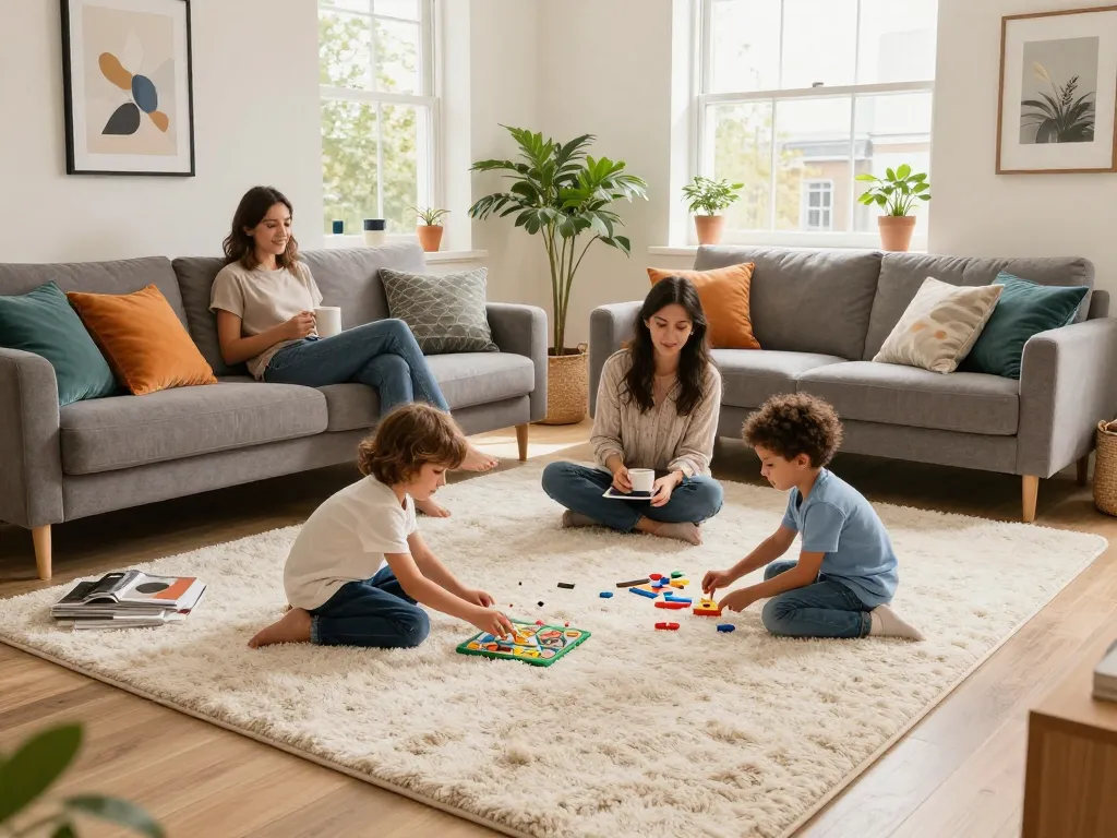 Affordable carpets London in a cozy family living room with children playing and natural light.