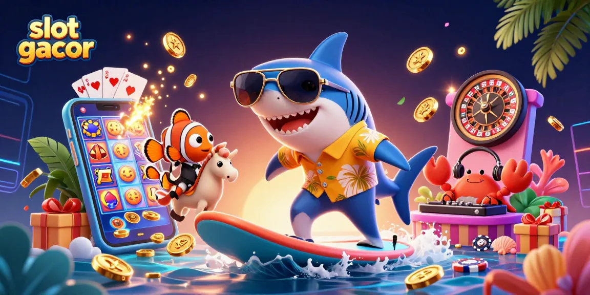 Spin reels and win big with slot gacor action, featuring a vibrant casino scene with playful characters.