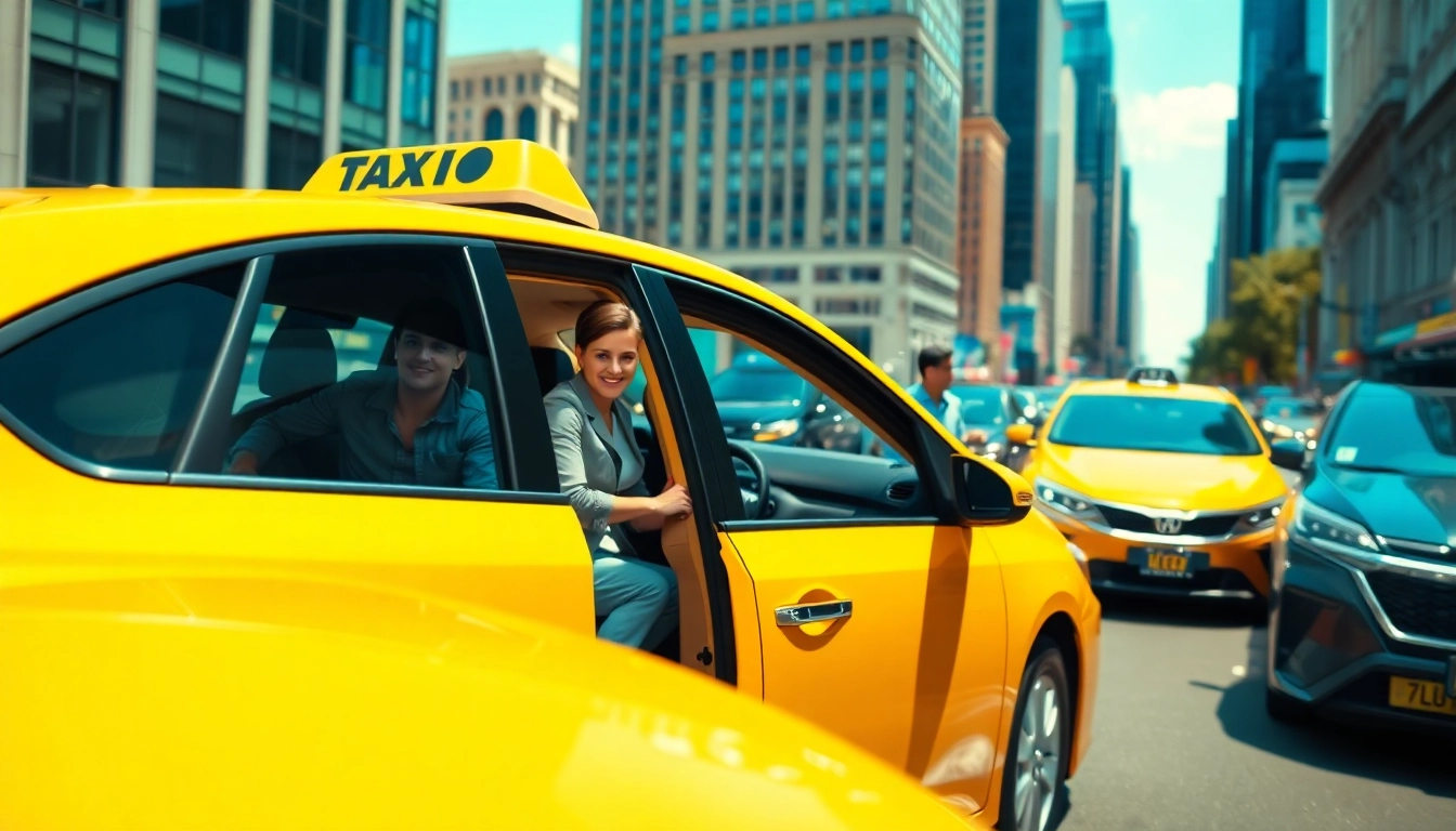 Taxi in an urban setting with happy passengers entering, highlighting convenience and service.