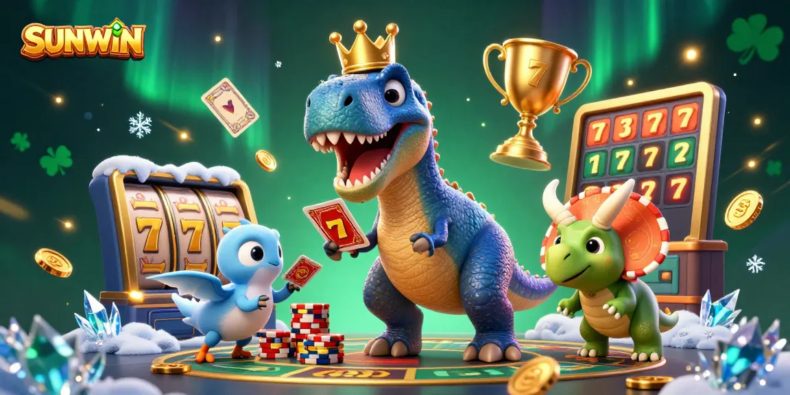 SUNWIN offers a vibrant casino atmosphere with whimsical dinosaurs engaging in card games and stacking chips.