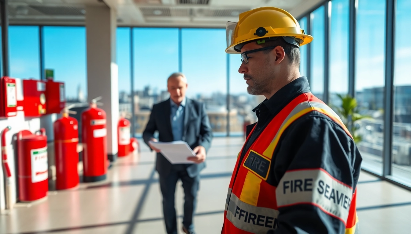 Conducting a fire risk assessment London in a well-lit office environment highlighting safety compliance.