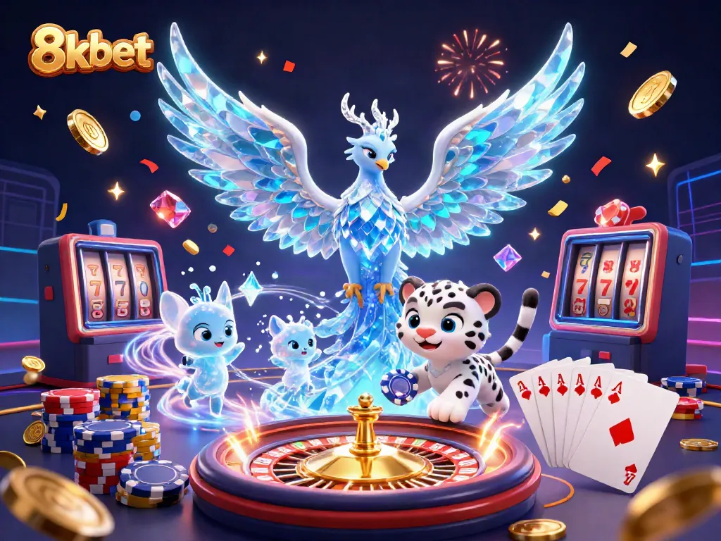 Engage with 8xbet through a vibrant casino-themed scene featuring dynamic characters and exciting gaming elements.