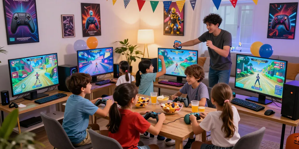 Exciting video gaming party with kids engaging in multiplayer matches, colorful setup, and snacks.