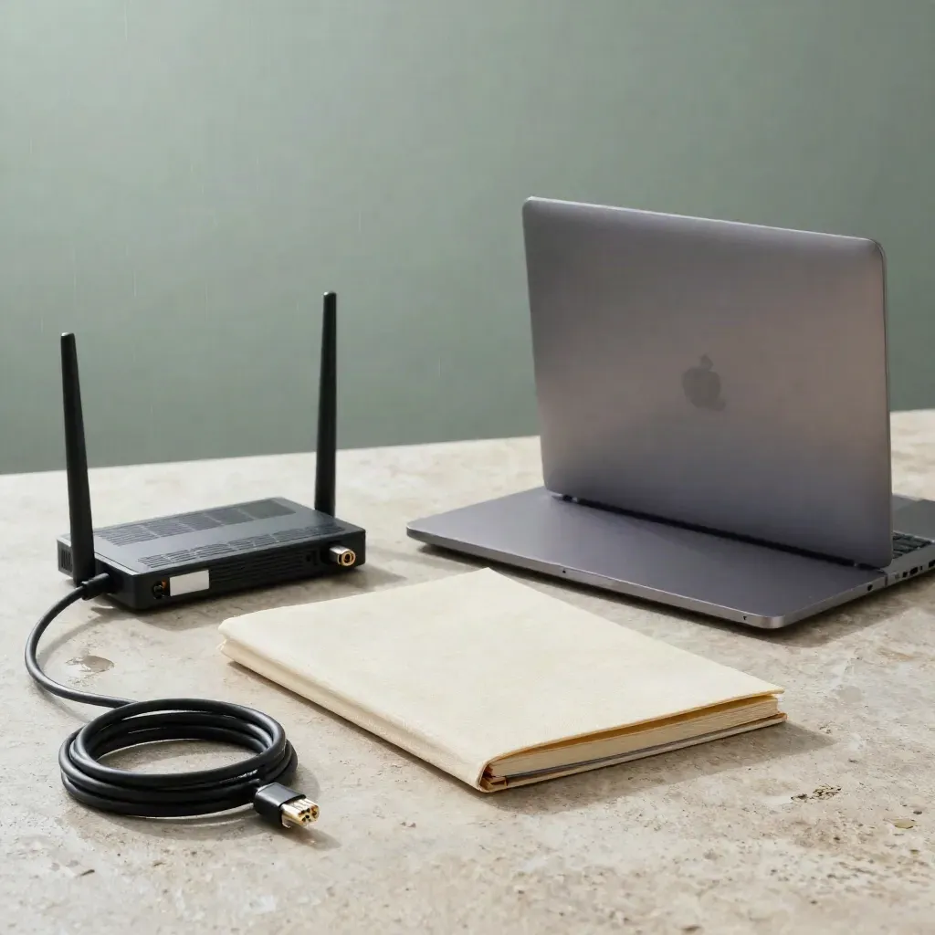 Closed laptop, linen folder, notebook, cable and router on pale stone after rain.