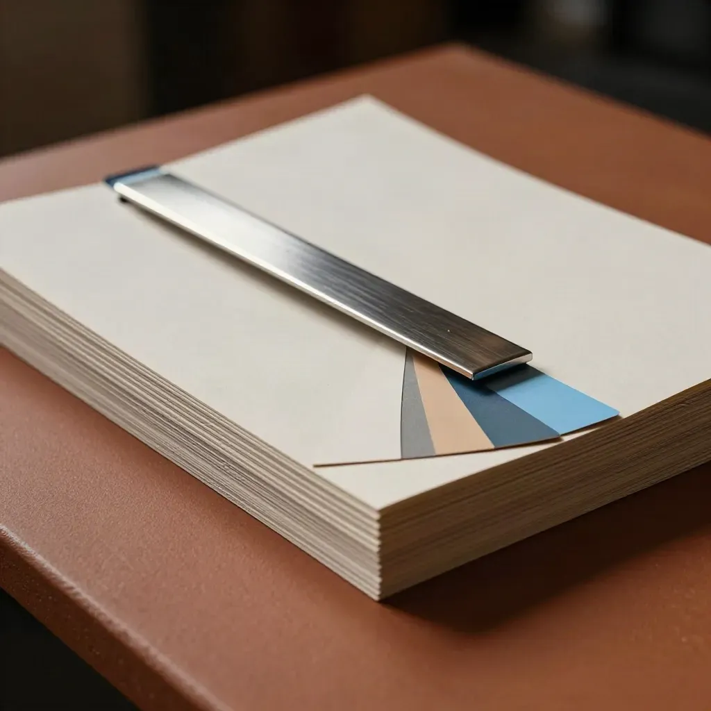 Weekly proof stack, clip rail and swatch samples on terracotta board with blue accent.