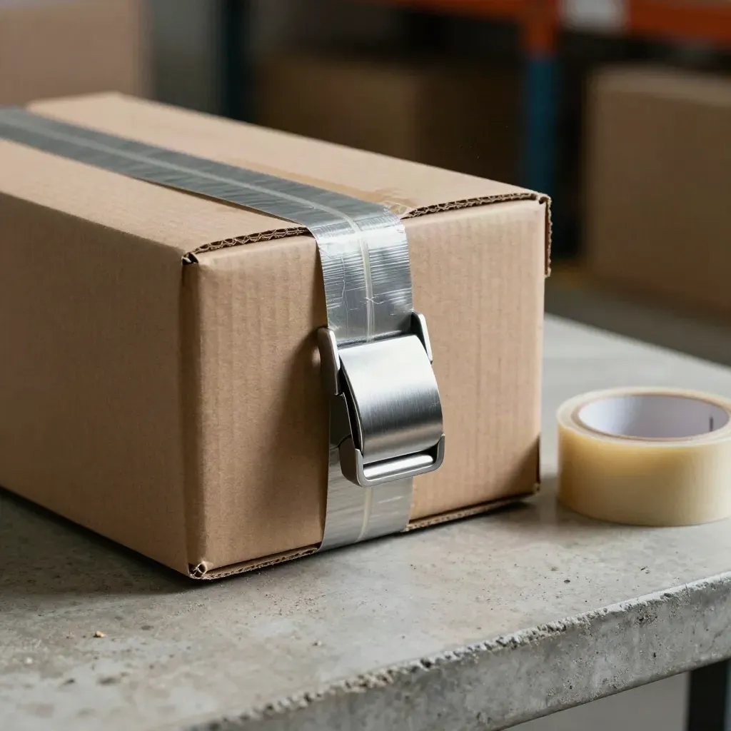 Macro of a strapped shipping box corner with tape roll and silver buckle on a dusty packing bench.