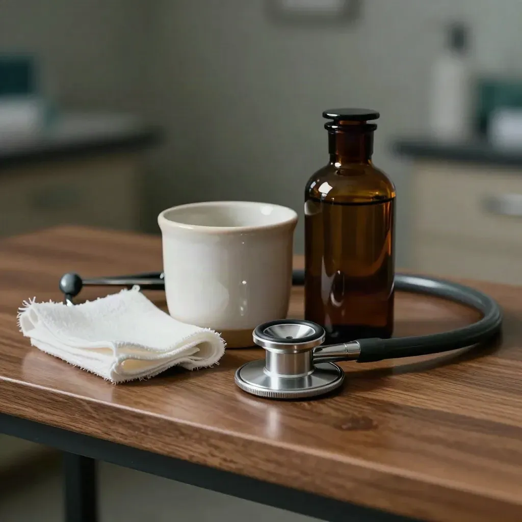 Stethoscope, medicine cup, gauze and amber bottle on a warm walnut shelf in dramatic light