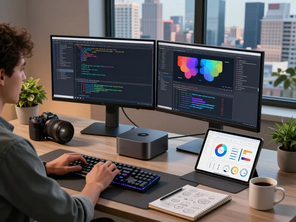 Innovative workstation featuring mac mini with dual monitors, coding projects, and productivity tools.