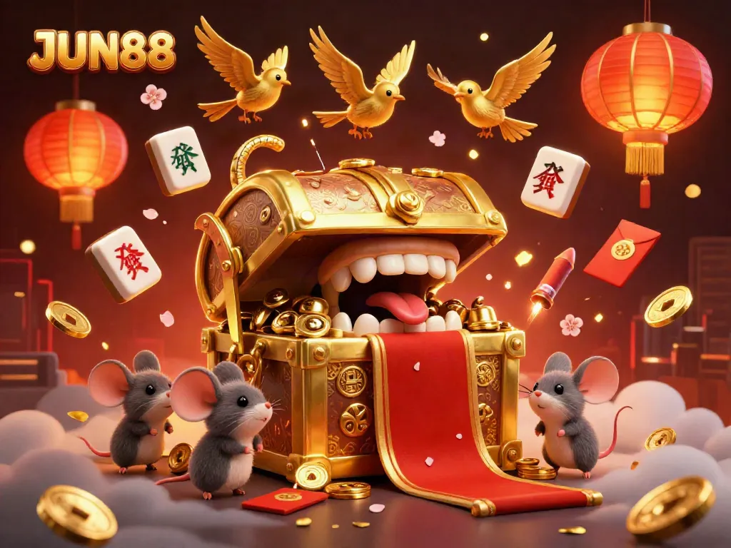 Experience the excitement of JUN88 with a vibrant 3D scene of a treasure chest and lucky symbols.