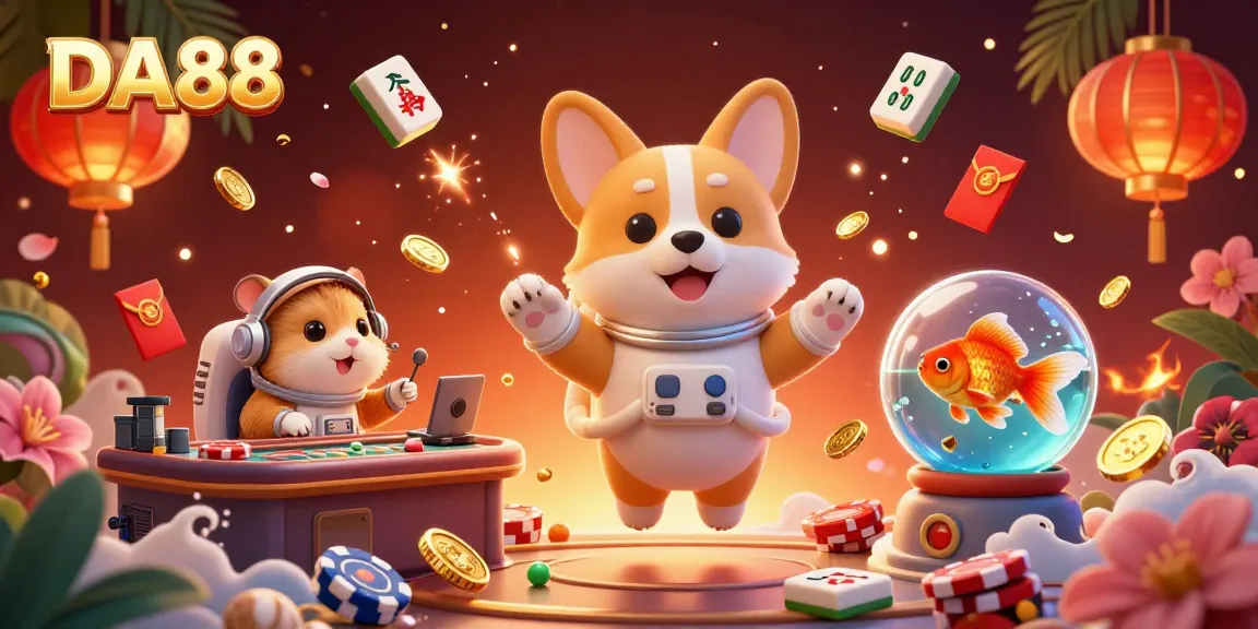 Engage with DA88 at a vibrant space casino featuring 3D characters and floating poker chips.