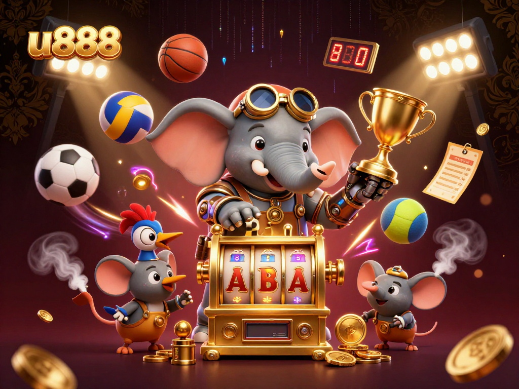 Play thrilling games at u888 with a steampunk elephant, showcasing excitement in a vibrant digital casino.