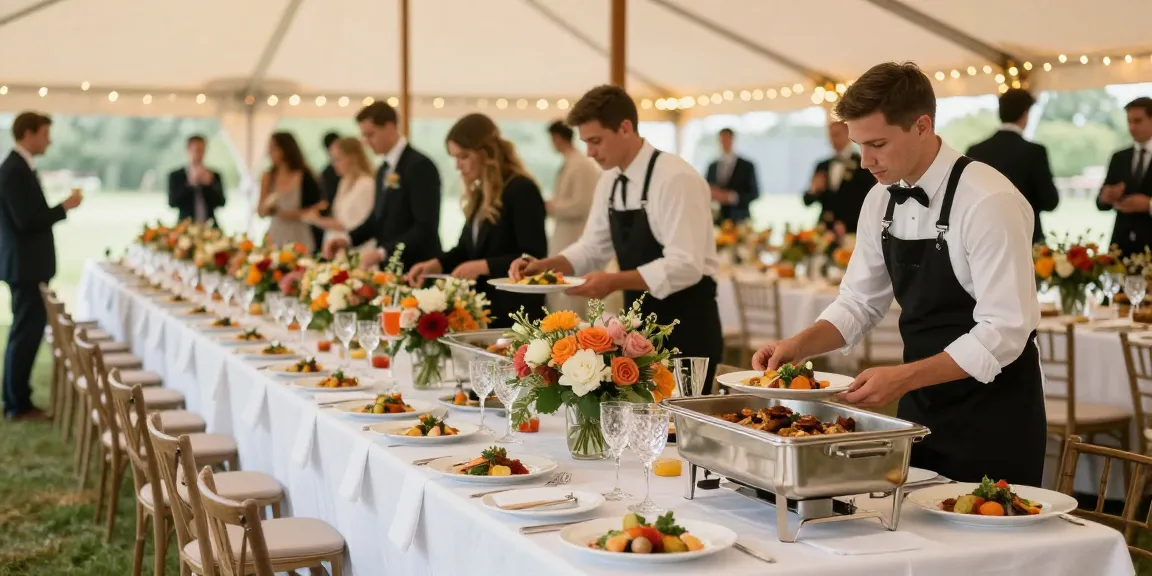 Catering Hire London: Table set for an elegant event with gourmet dishes and beautiful floral arrangements.
