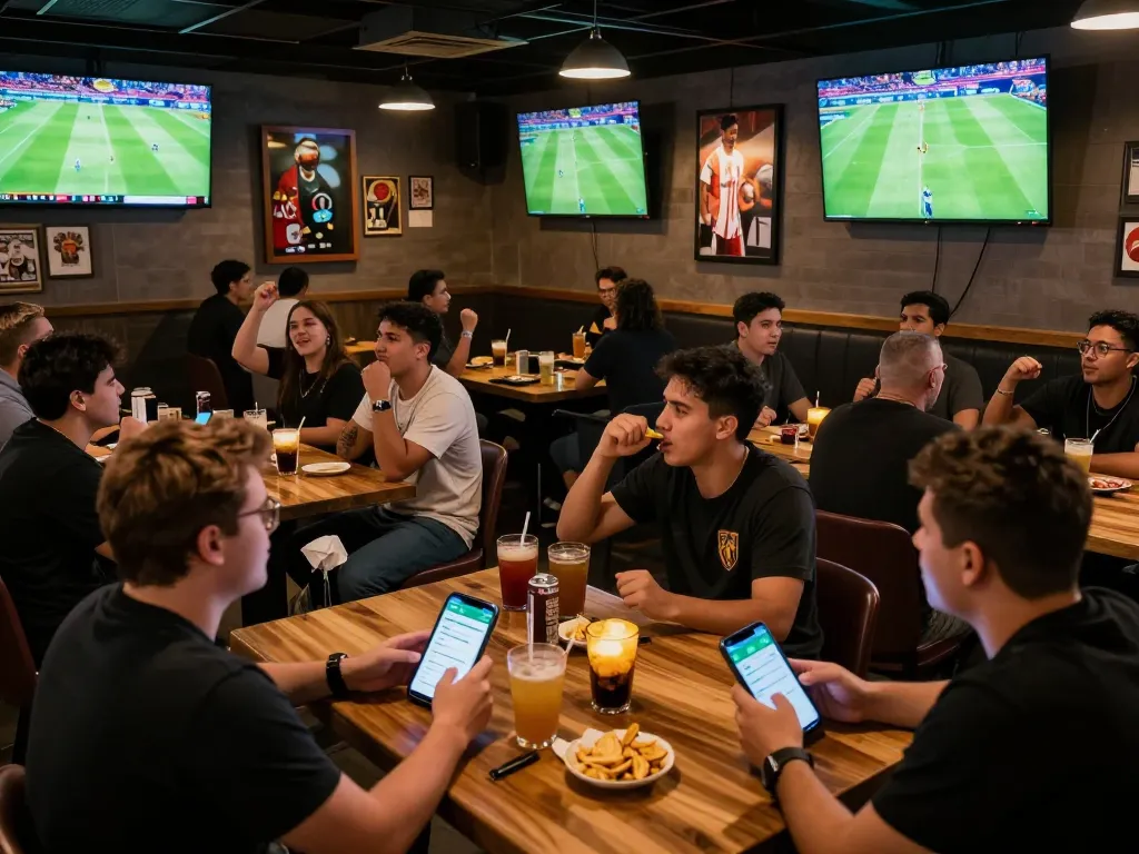 Engaged sports fans placing bets with the Nowgoal app while watching live matches at a bustling sports bar.