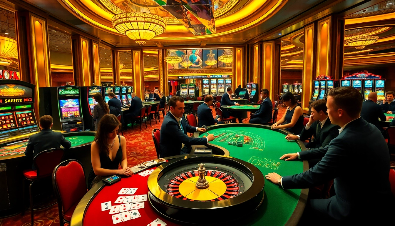 A thrilling SUNCITY casino gaming floor with players at tables and vibrant slot machines.