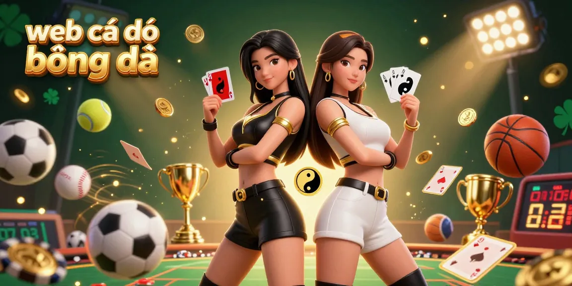 Engage with web cá độ bóng đá as twin Asian women hold playing cards in a dynamic sports betting scene.