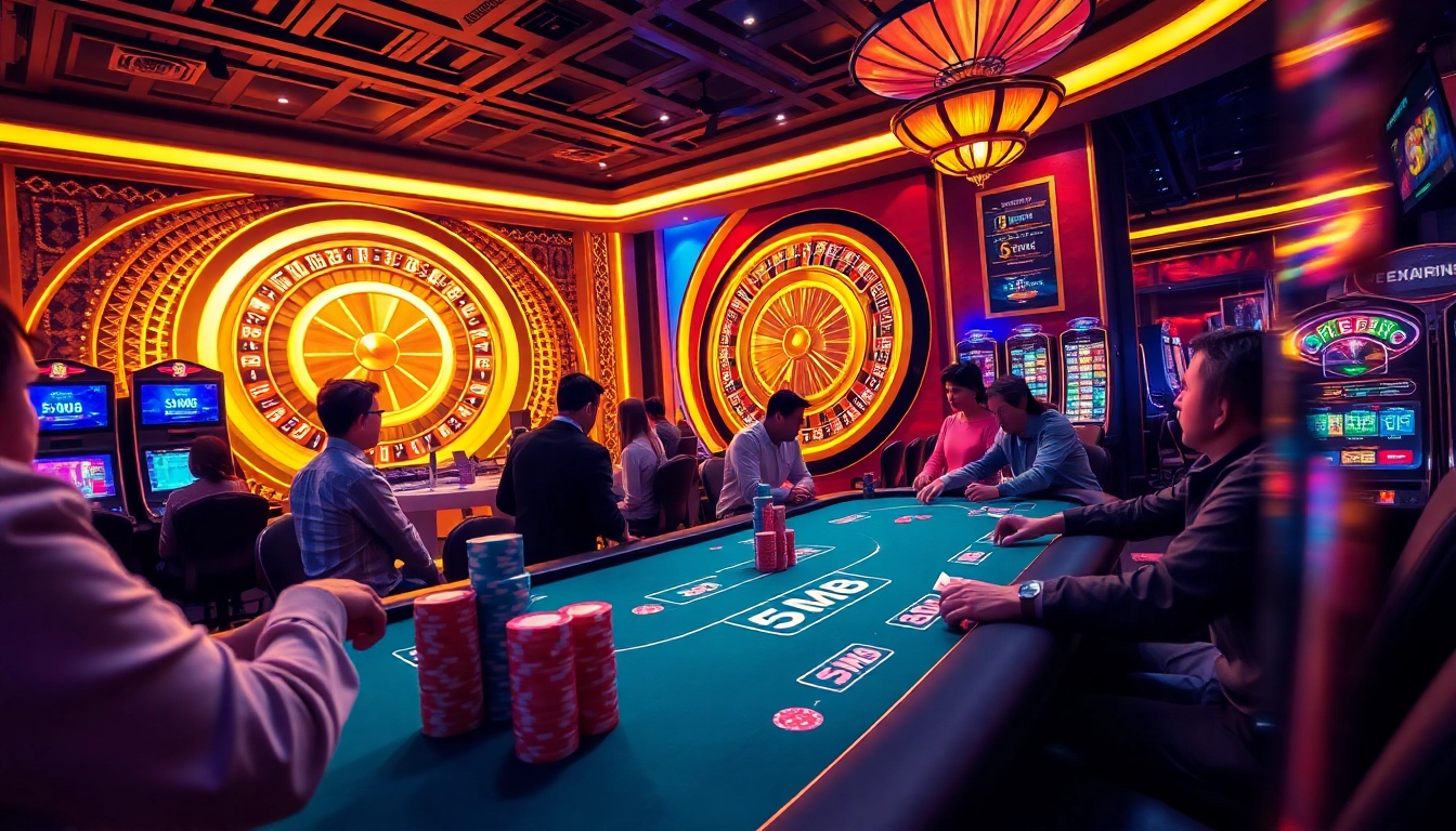 Engage with the thrill of casino gaming at a poker table featuring 5MB chips and stylish decor.