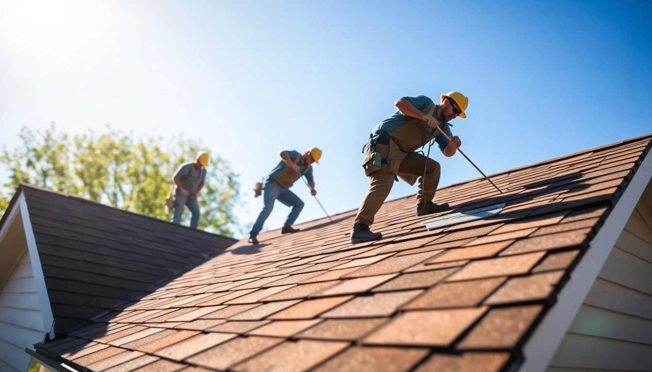 Trustworthy roofing company installing shingles on a suburban home in bright sunlight.