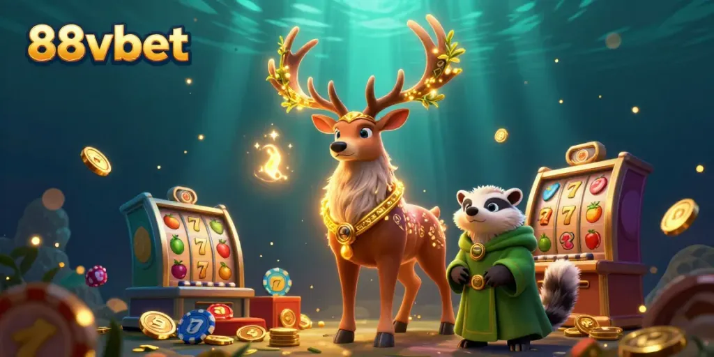 Engage with 88vbet's vibrant casino experience featuring a druid stag, and gaming elements in a magical setting.