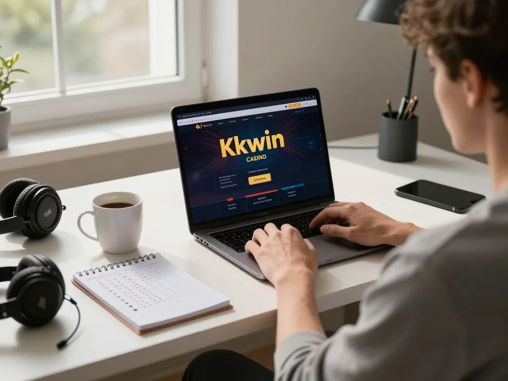 Kkwin player engaged in online gambling at a stylish home office setup, showcasing interaction with game interface.
