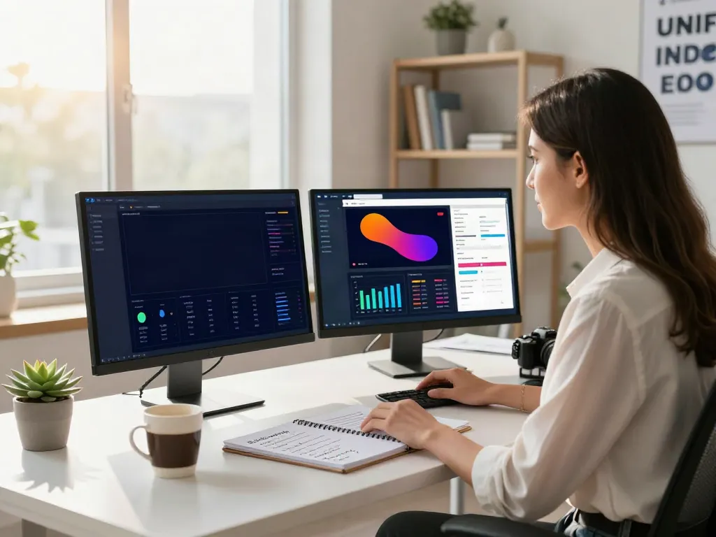 Digital marketer mastering SEO strategies for instant indexing in a bright office.