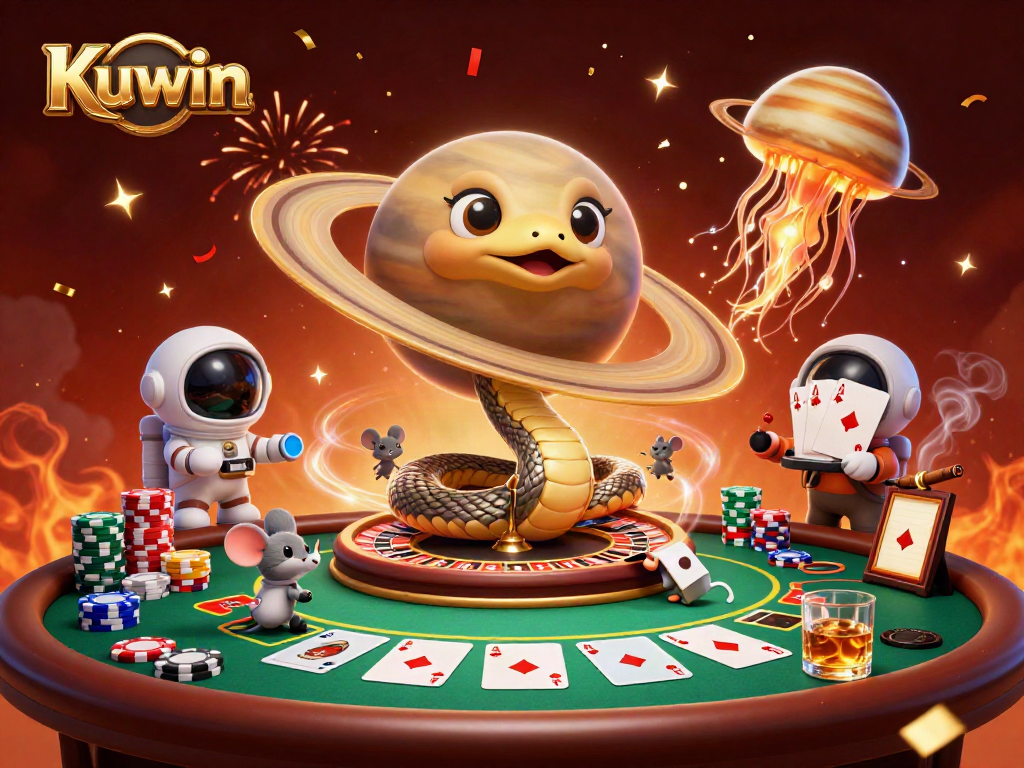 Kuwin's thrilling gambling experience with a cosmic dealer in a vibrant, engaging casino scene.