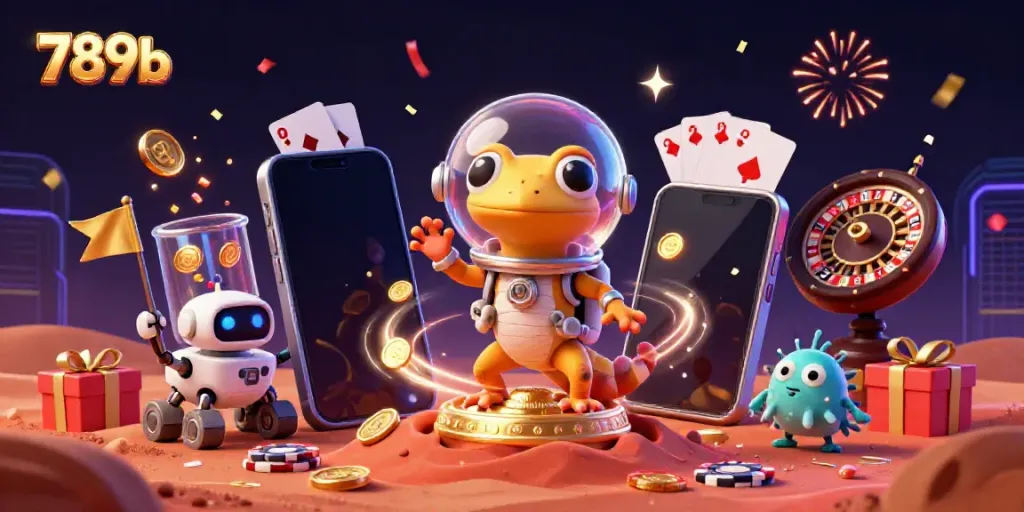 Engage in thrilling games at 789b's vibrant casino adventure through this 3D illustration.