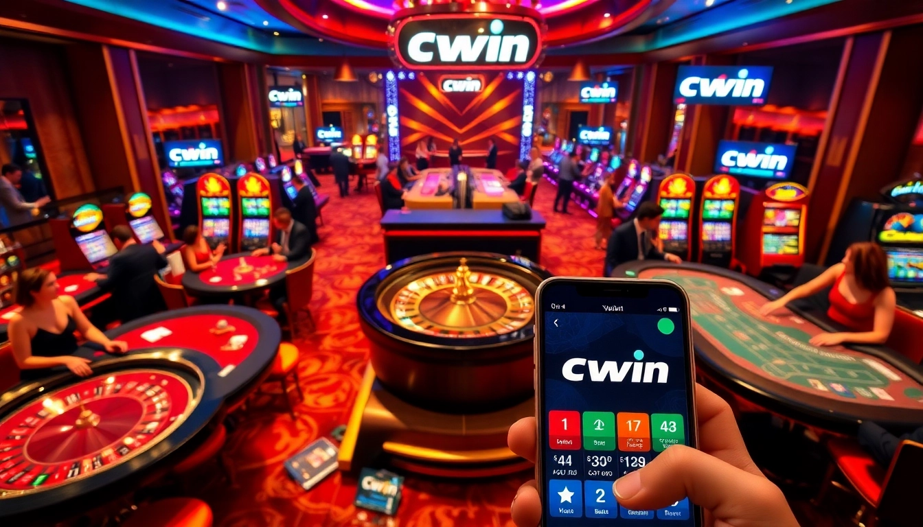 Cwin casino players engaging in exciting games at roulette and blackjack tables, showcasing vibrant atmosphere.