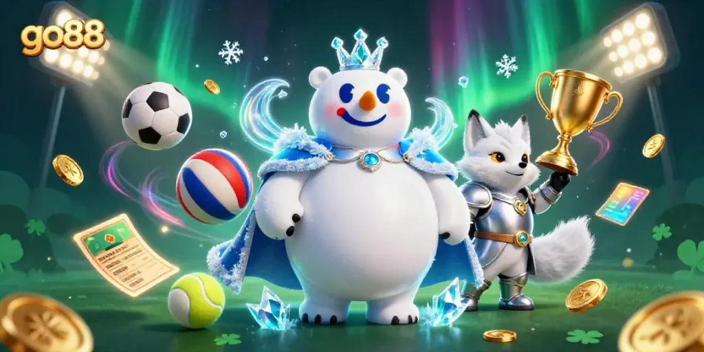 Experience the excitement of go88 with a dynamic casino illustration featuring a polar bear and sports elements.