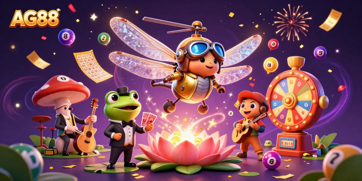 Join AG88 in an extravagant lily pad casino scene with lively characters and festive gambling elements.
