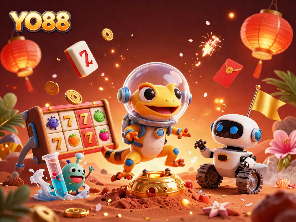 Experience thrills at YO88's vibrant casino with a Martian gecko discovering riches and celebrating wins.