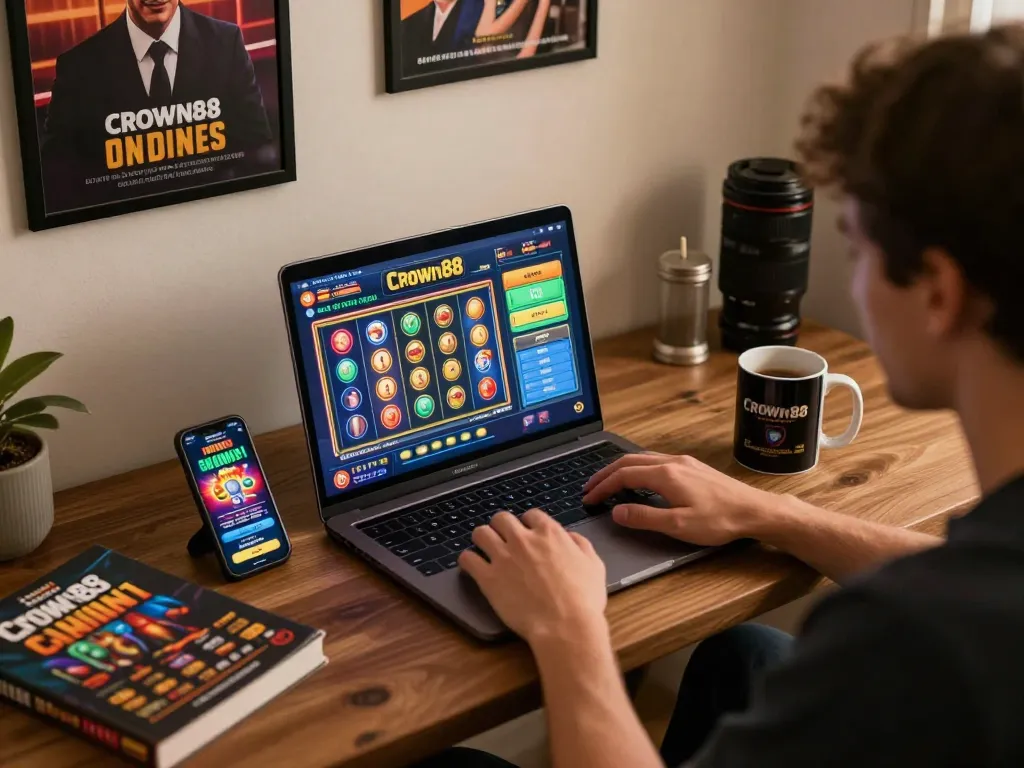 Crown88 player enjoying vibrant online slots on a laptop in a cozy home setting