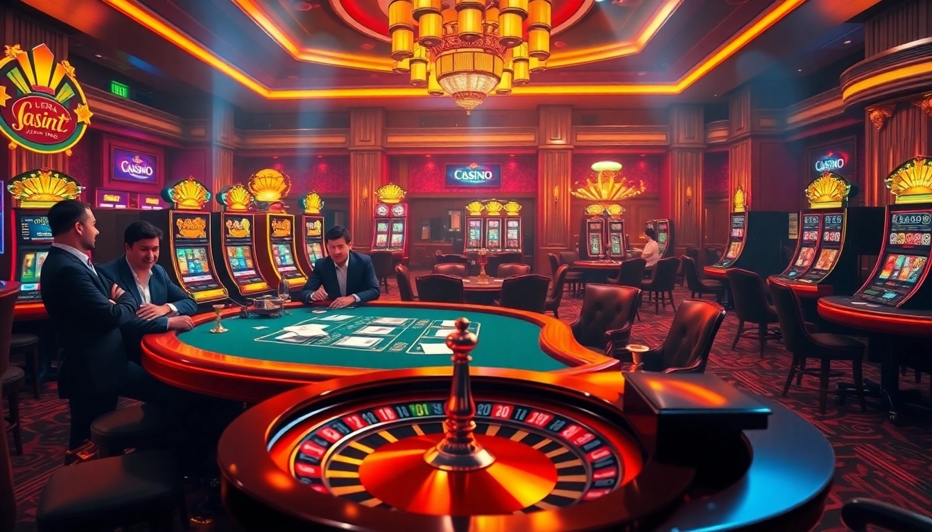 Experience the thrill of jbo chính thức with a luxurious online casino setting featuring high-stakes poker and vibrant slot machines.