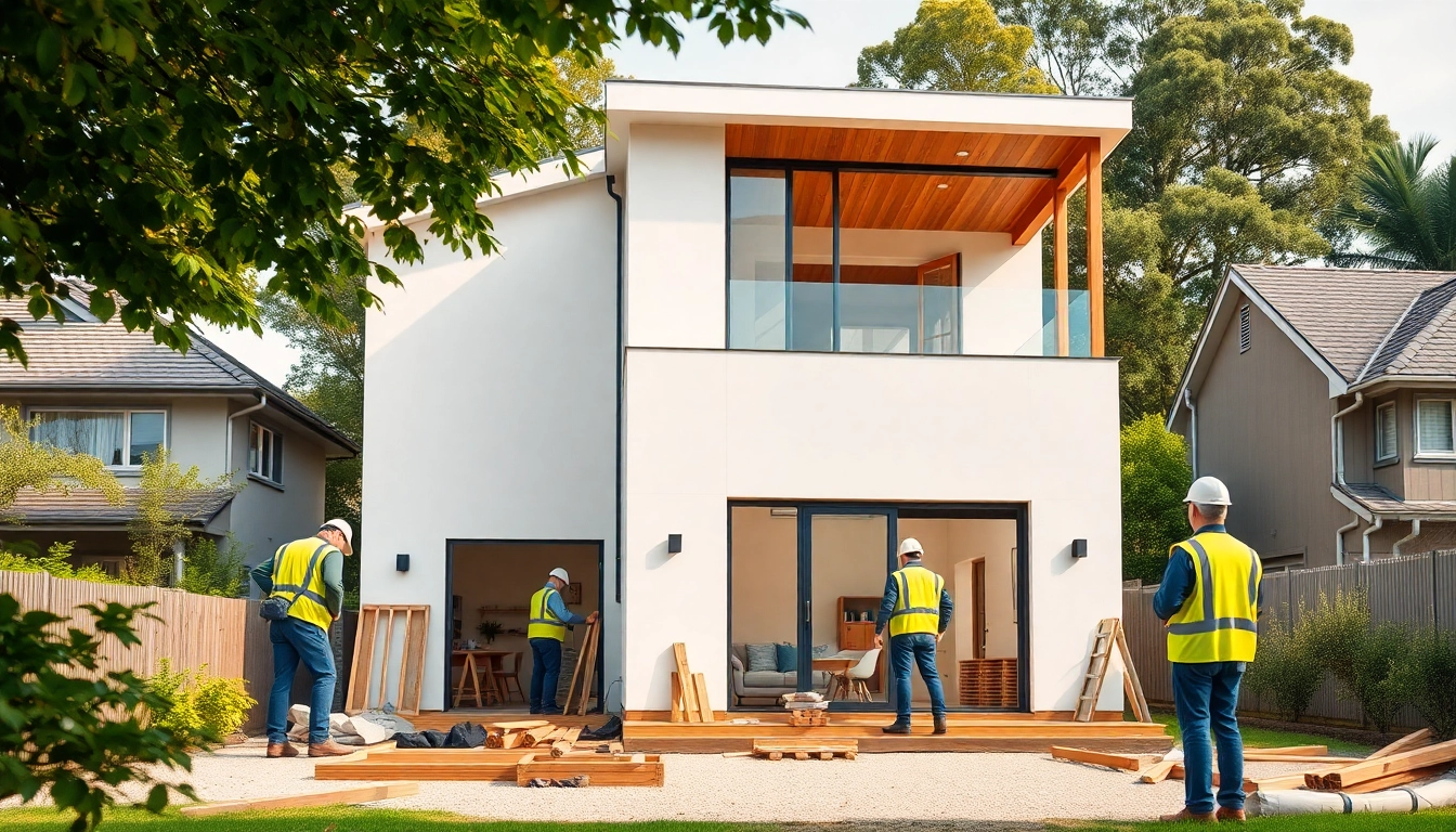 House extension construction showcasing a modern two-story home being built in Melbourne.