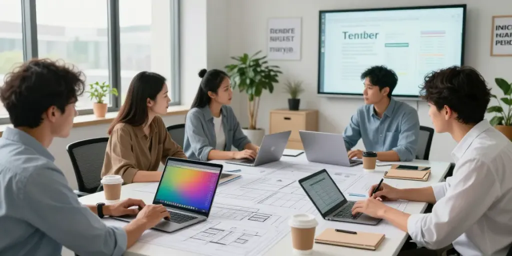 Collaboration in a construction office focused on tender pricing services, showcasing quantity surveyors working on estimates.