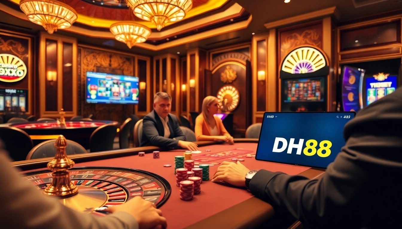Experience the thrill at DH88's poker table, where players compete in a luxurious casino environment.