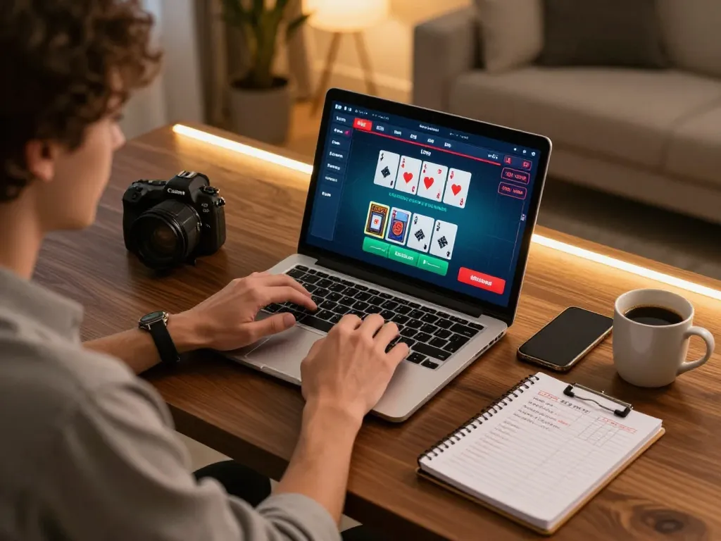 Engaged player strategizing in 23WIN online blackjack game using laptop and notes for better odds.