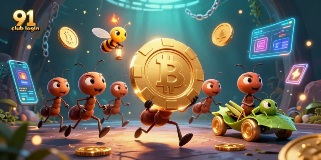 Engage with 91 club login in this vibrant scene showcasing a heist with animated characters and casino elements.
