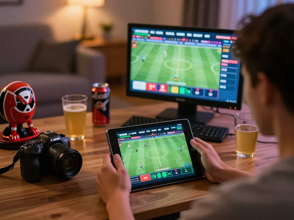 Engaging in sports betting with FC88 on a tablet in a cozy home setting.