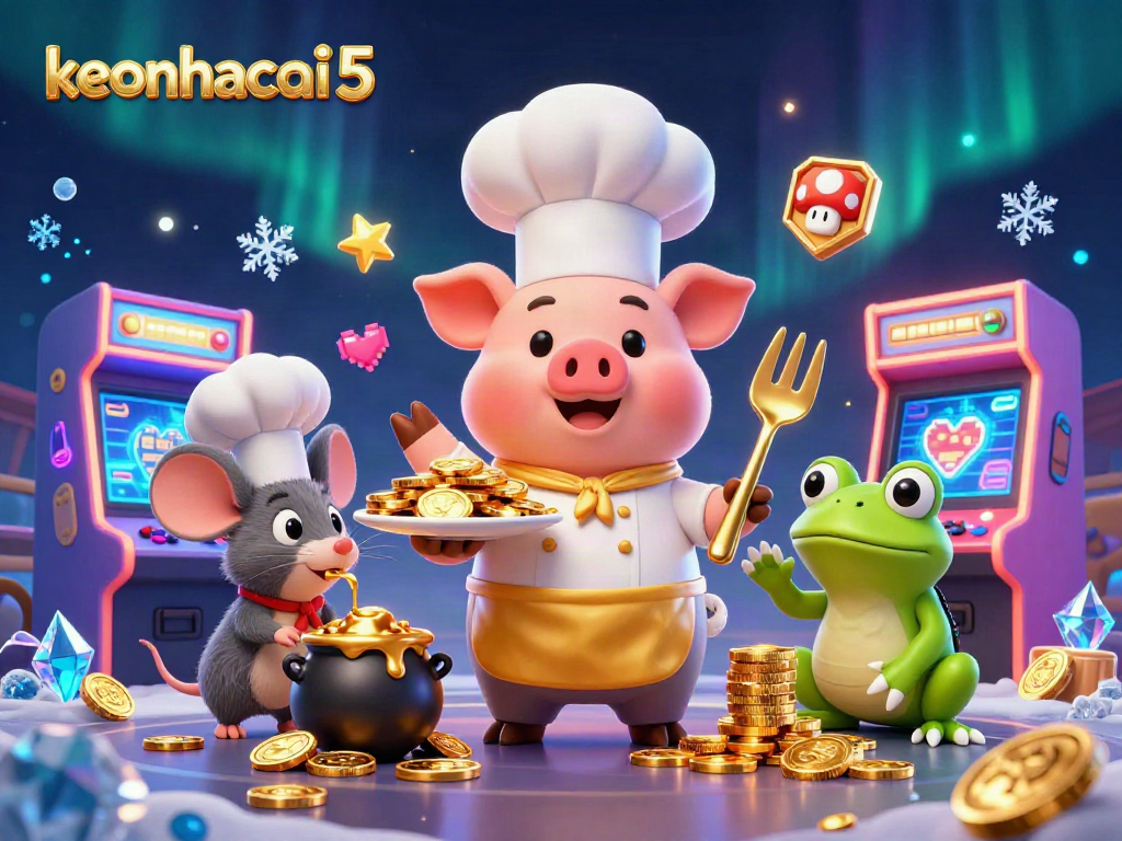 Engage with keonhacai5 through a vibrant cooking casino scene featuring a pig chef and gaming elements.