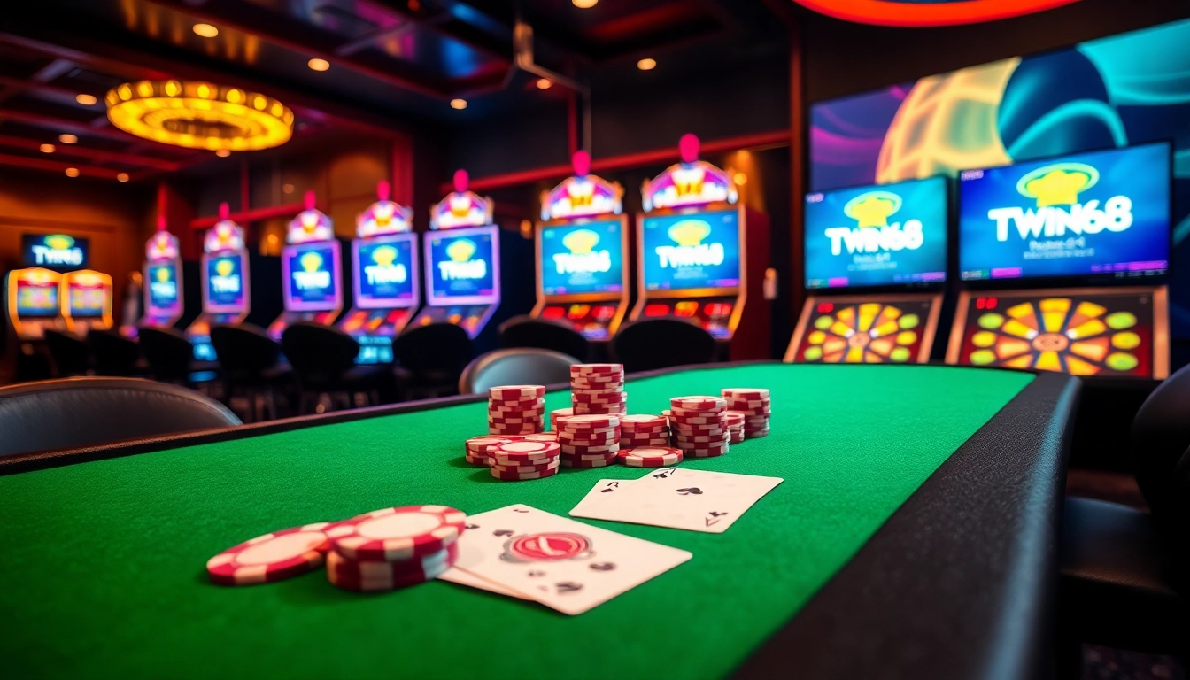 Engaging scene of online gambling at TWIN68 casino with poker table and colorful chips.