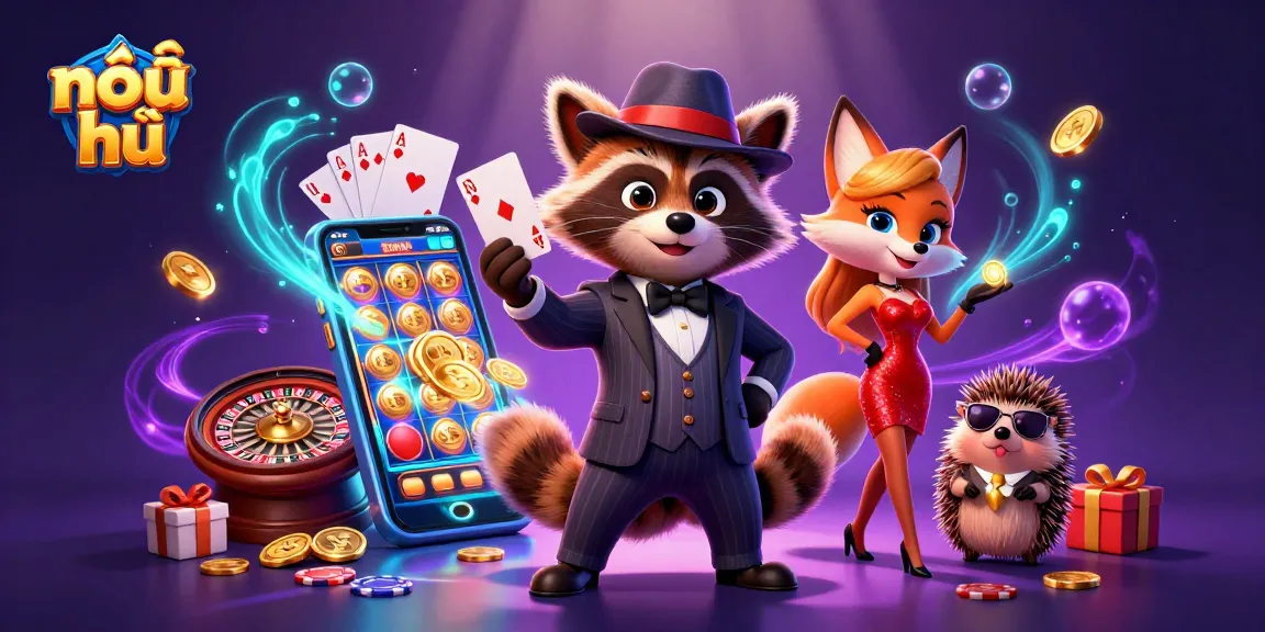 Experience nổ hũ excitement with a raccoon and fox in a dynamic casino scene full of vibrant gaming elements.