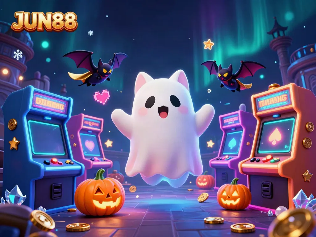 Experience winning fun at JUN88 with a ghost cat and bat in a haunted casino scene.