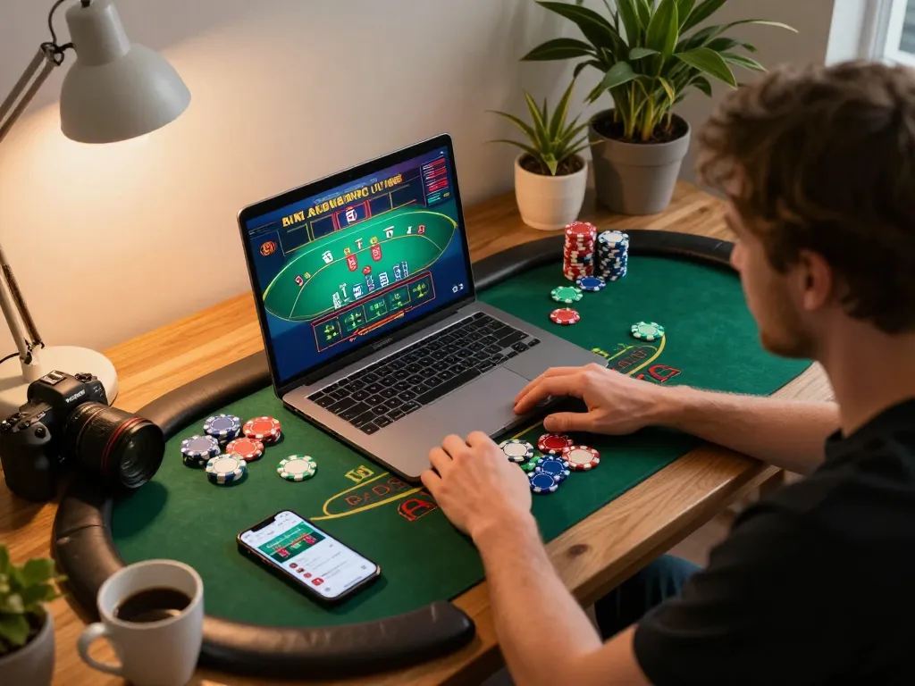 Engaged player using XX88 for an exhilarating online blackjack experience with vibrant chips and live dealer