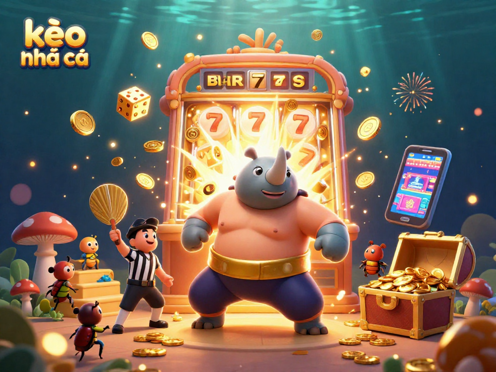 Play thrilling kèo nhà cái with a cartoon beetle champion amidst a vibrant casino explosion.