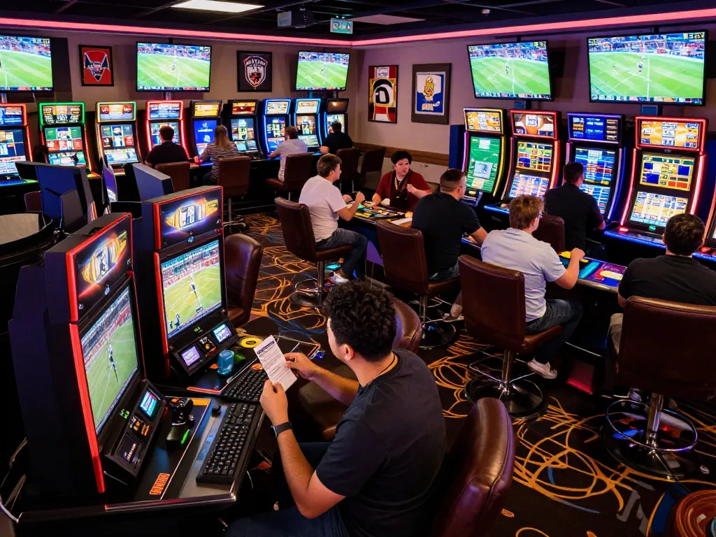 Soi kèo betting enthusiasts cheering in a modern sports lounge during a live game.