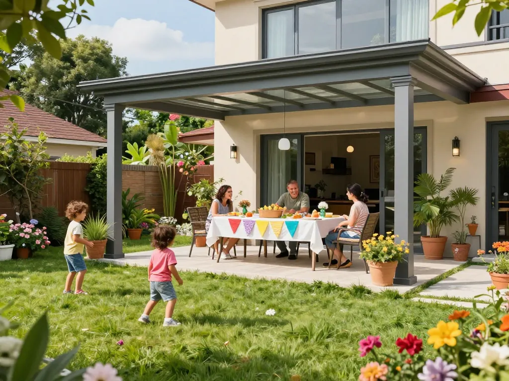 Experience the joy of a Veranda configurator with a vibrant family gathering under a stylish outdoor space.