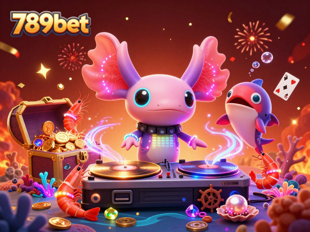 Experience vibrant 789bet action with a neon axolotl DJ, dancing shrimp, and dynamic gaming elements.