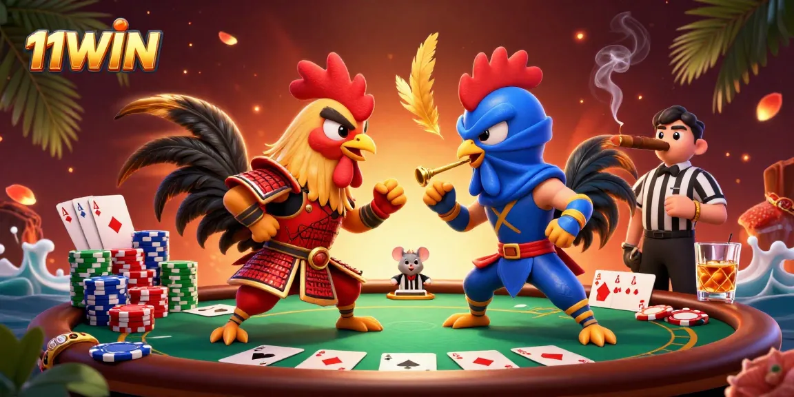 Engage in thrilling poker action with 11WIN's vibrant 3D cartoon portrayal of fighting roosters.