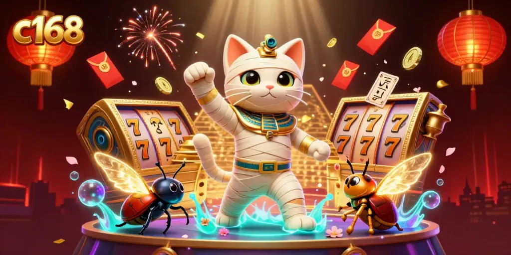Engage with the c168 casino adventure featuring a mummy cat and lucky symbols.