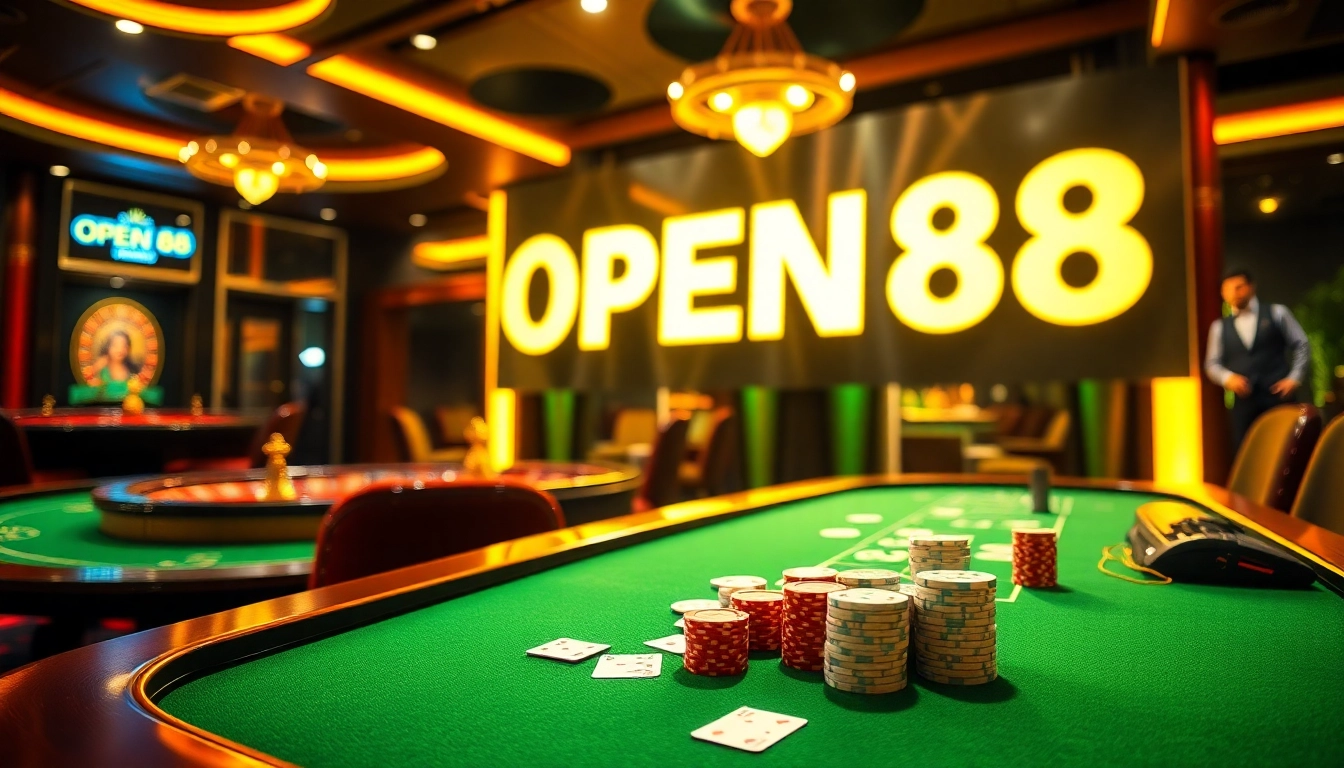OPEN88 gaming experience with poker table and vibrant casino atmosphere.